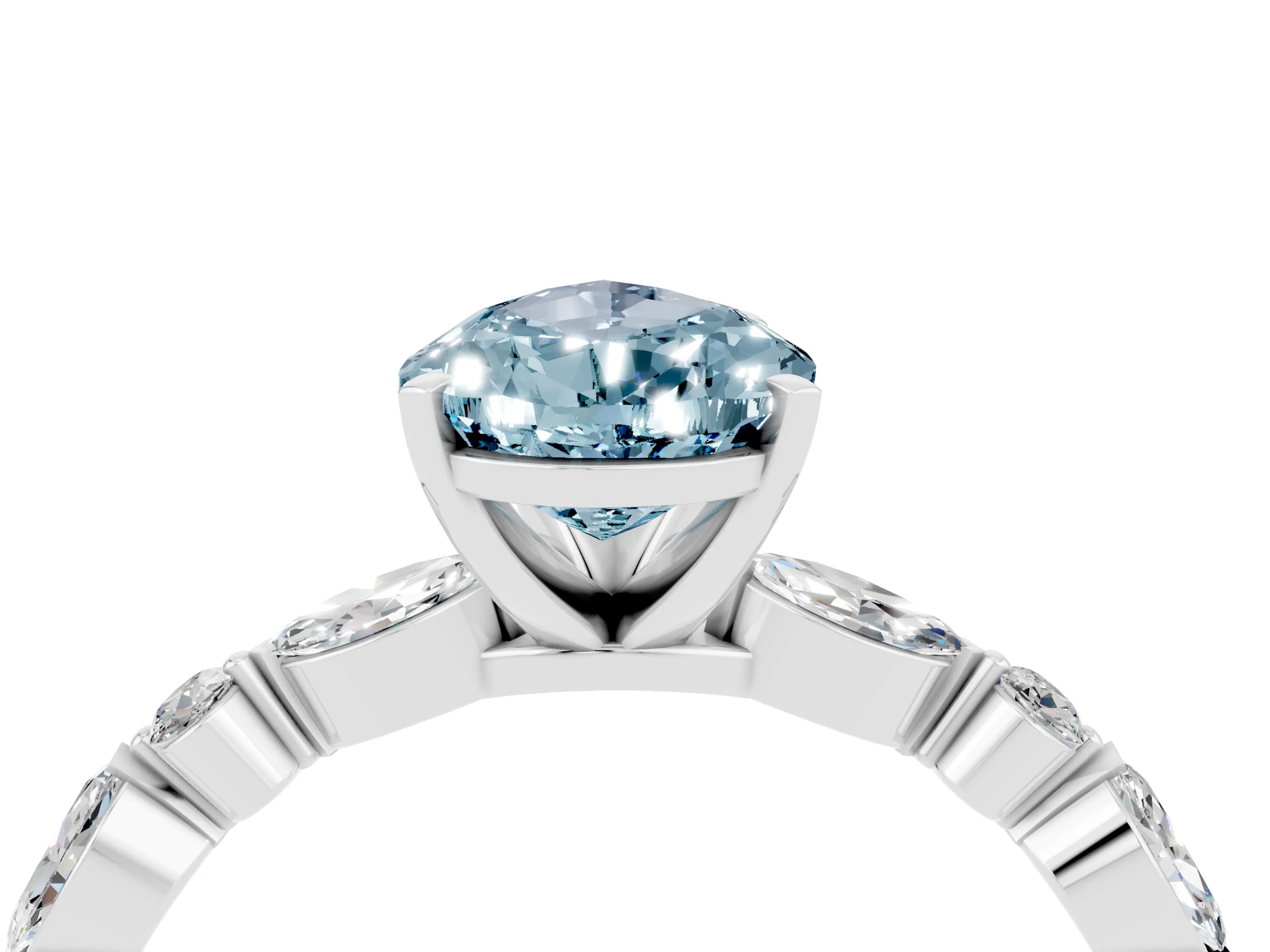 White gold Pear Cut Aquamarine Solitaire with Side Stones on a Pavé Band and Four-Prong Setting_4