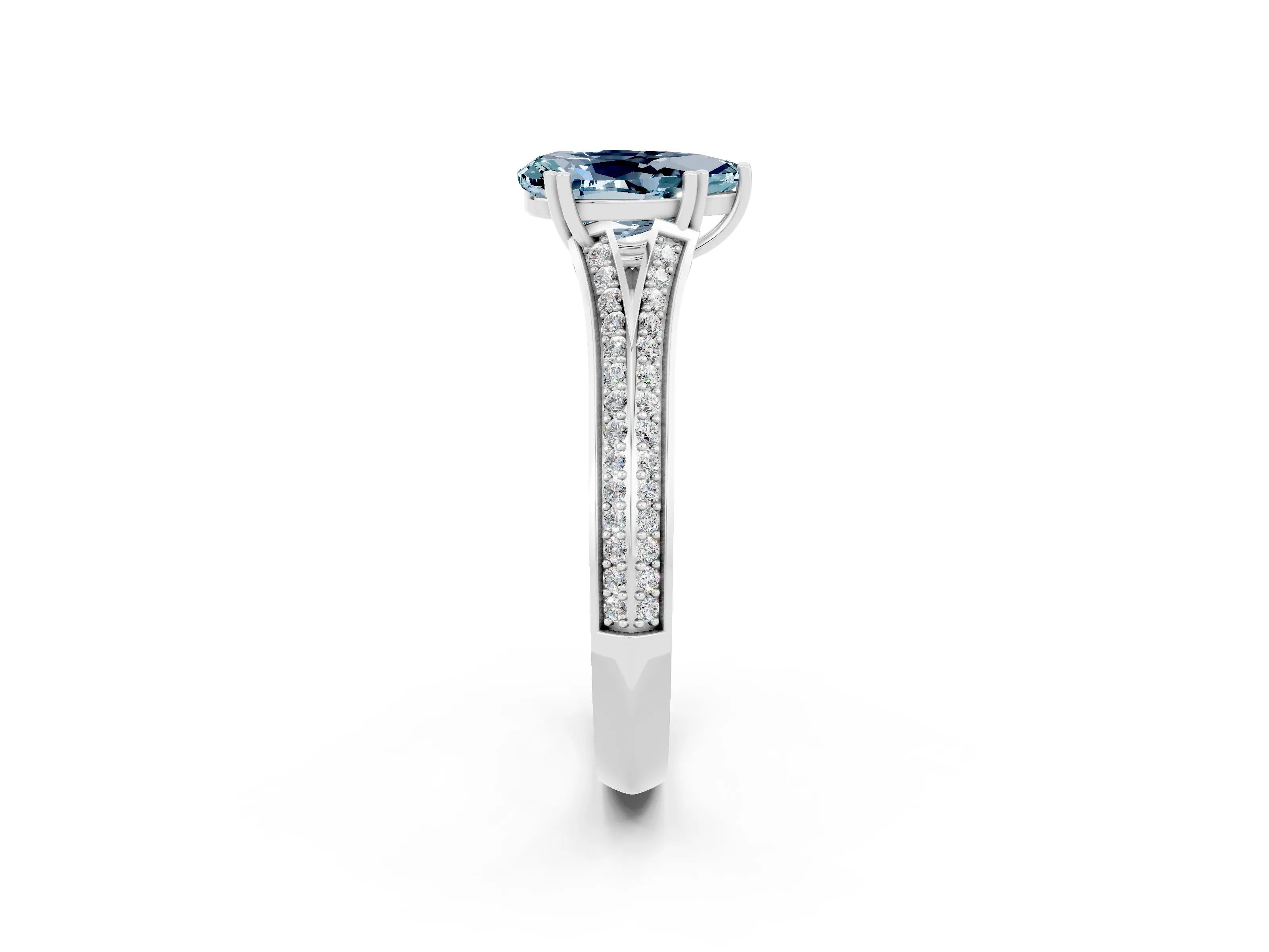 White gold Pear Cut Aquamarine Split Shank Engagement Ring with Pavé Band_2