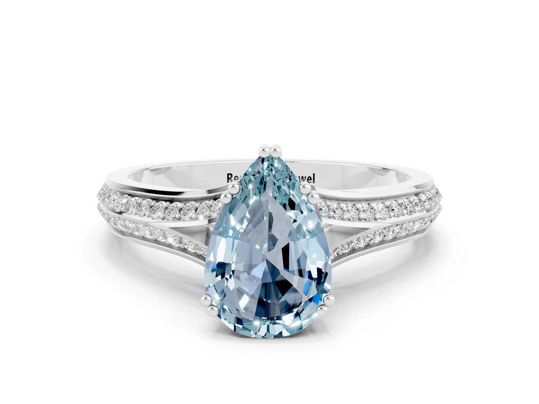 White gold Pear Cut Aquamarine Split Shank Engagement Ring with Pavé Band