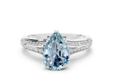 White gold Pear Cut Aquamarine Split Shank Engagement Ring with Pavé Band
