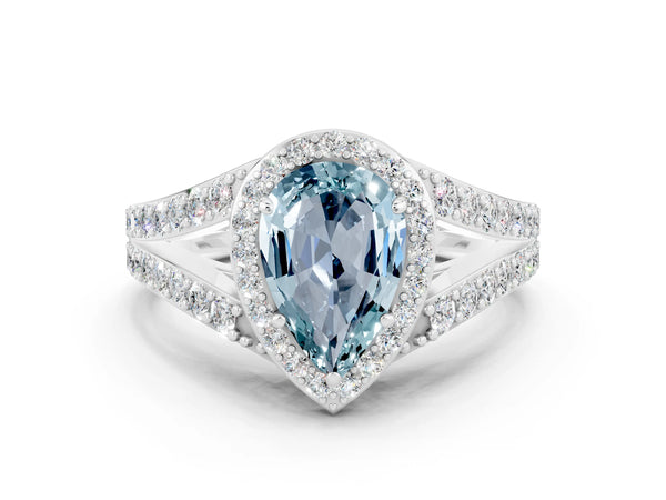 Platinum Pear Cut Aquamarine Split Shank Halo Ring with Four-Prong Setting