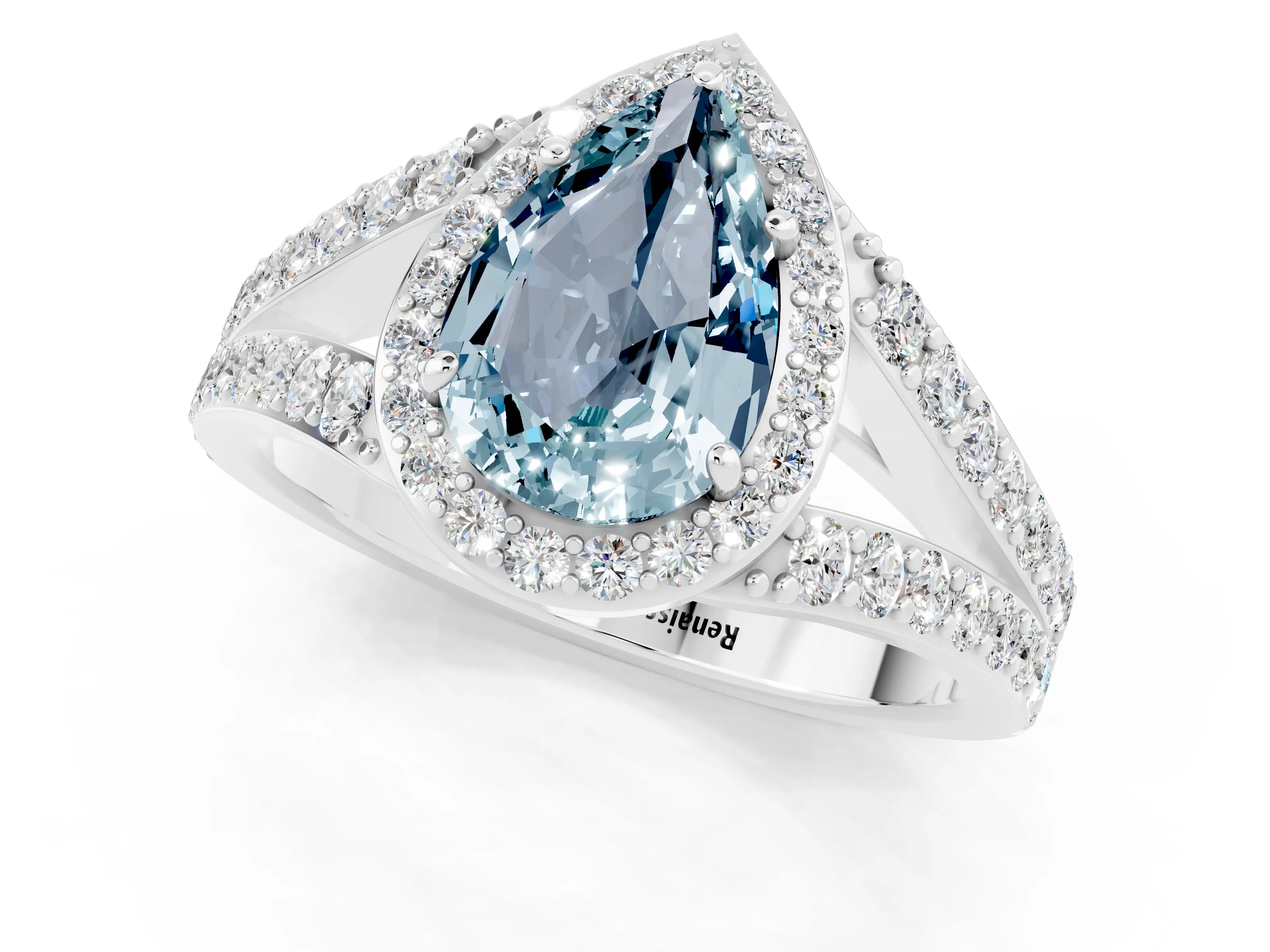 White gold Pear Cut Aquamarine Split Shank Halo Ring with Four-Prong Setting_13