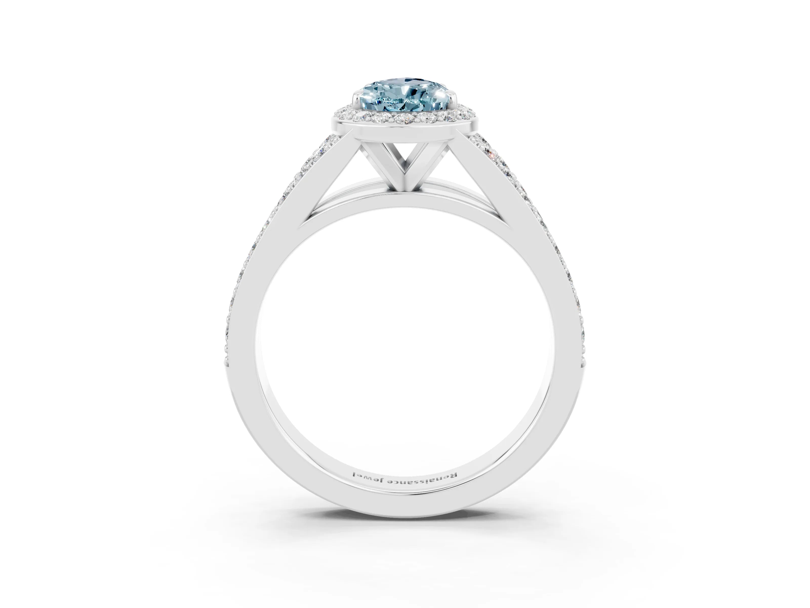 White gold Pear Cut Aquamarine Split Shank Halo Ring with Four-Prong Setting_15