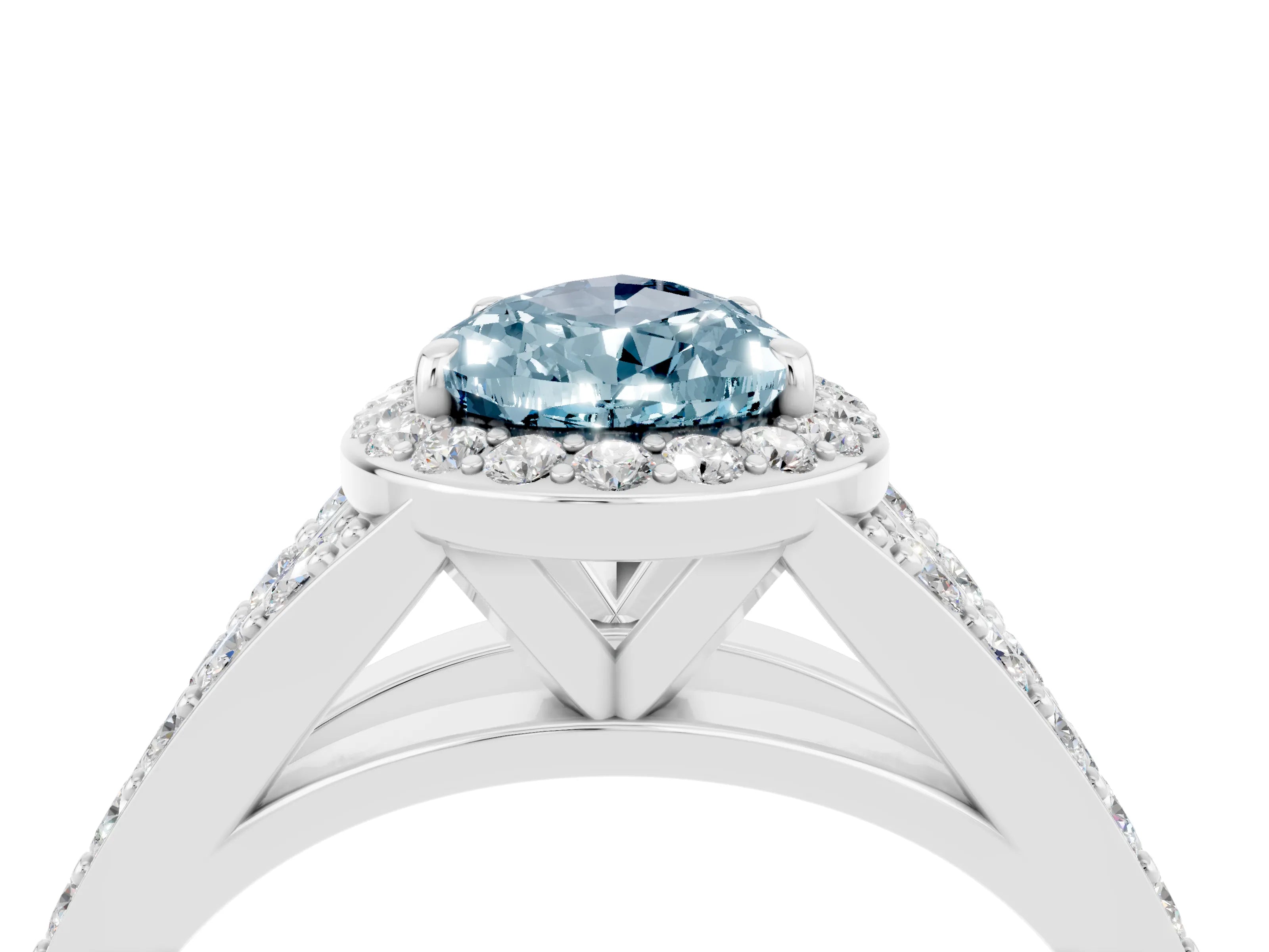 White gold Pear Cut Aquamarine Split Shank Halo Ring with Four-Prong Setting_16