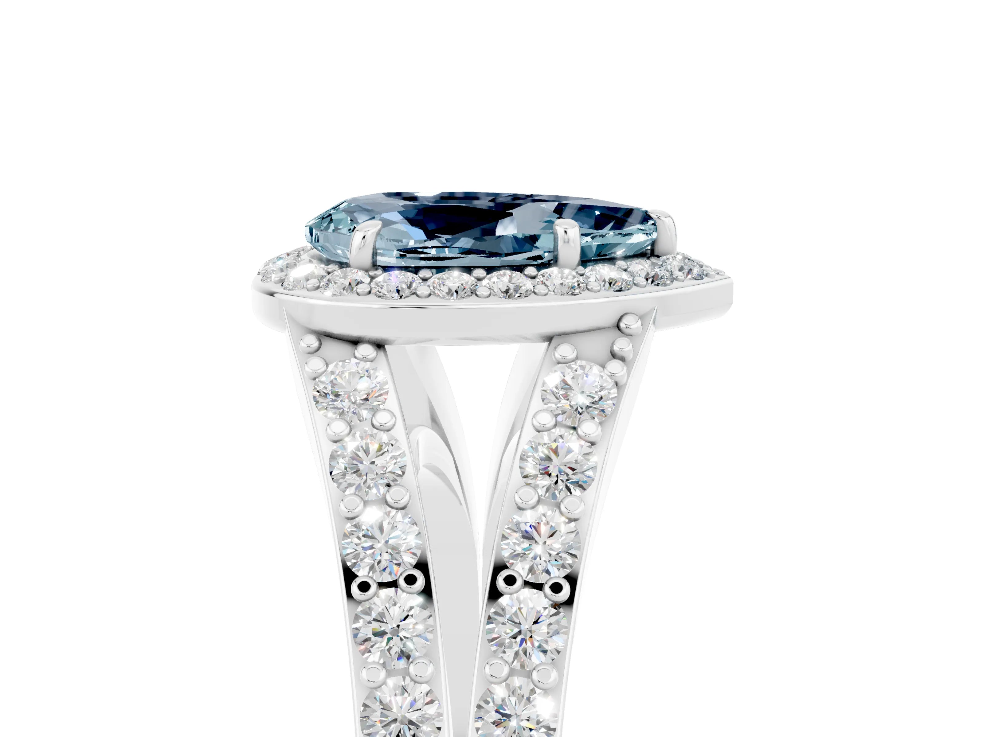 White gold Pear Cut Aquamarine Split Shank Halo Ring with Four-Prong Setting_17