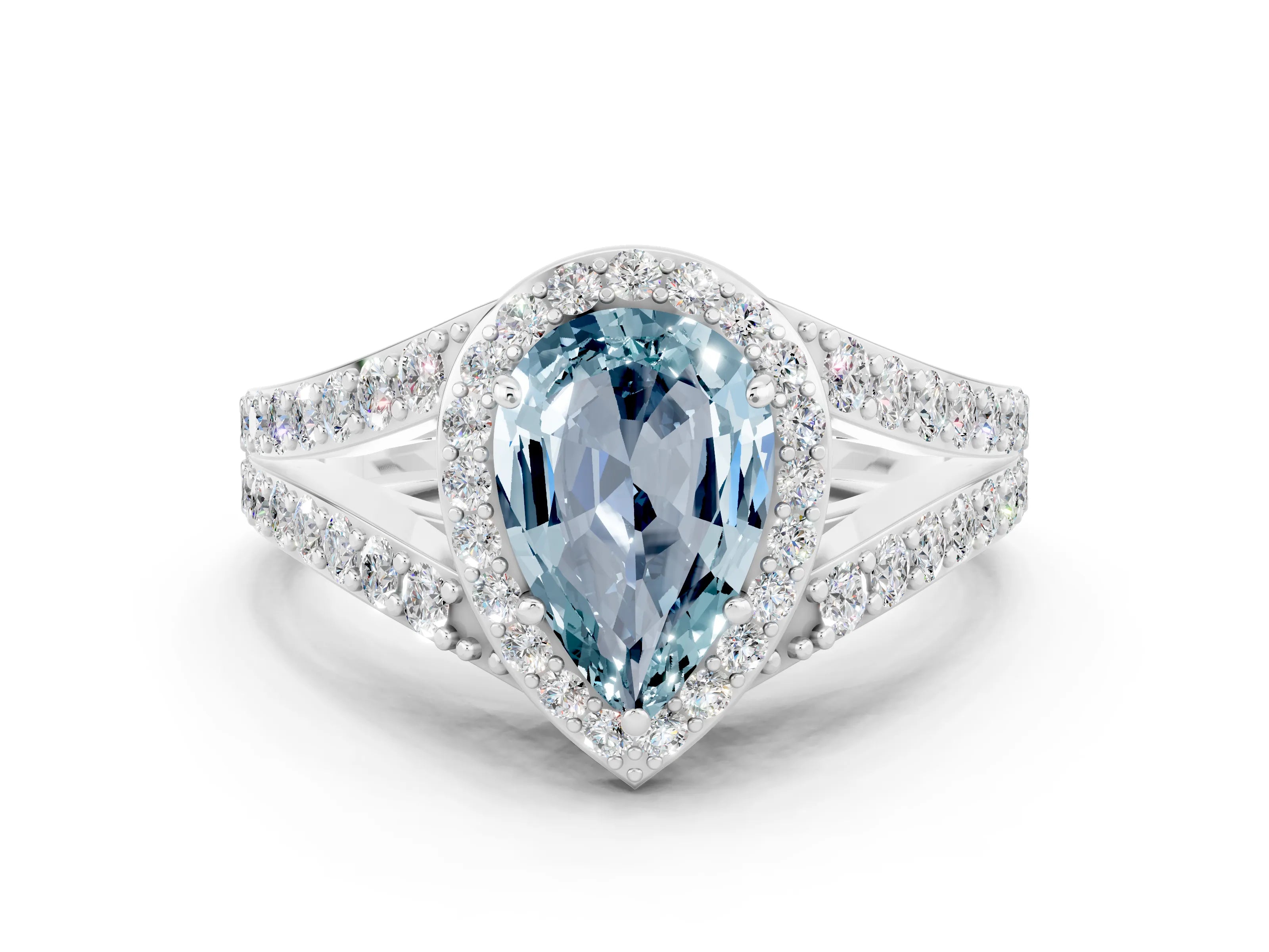 White gold Pear Cut Aquamarine Split Shank Halo Ring with Four-Prong Setting_24