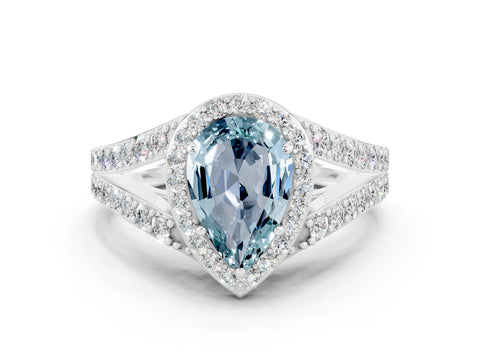 White gold Pear Cut Aquamarine Split Shank Halo Ring with Four-Prong Setting_24