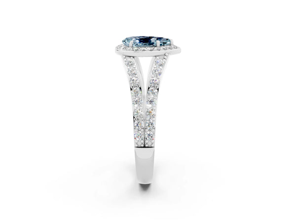 White gold Pear Cut Aquamarine Split Shank Halo Ring with Four-Prong Setting