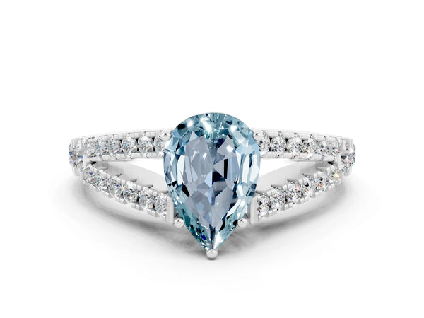 Silver Pear Cut Aquamarine Split Shank Pavé Engagement Ring with Four-Prong Setting