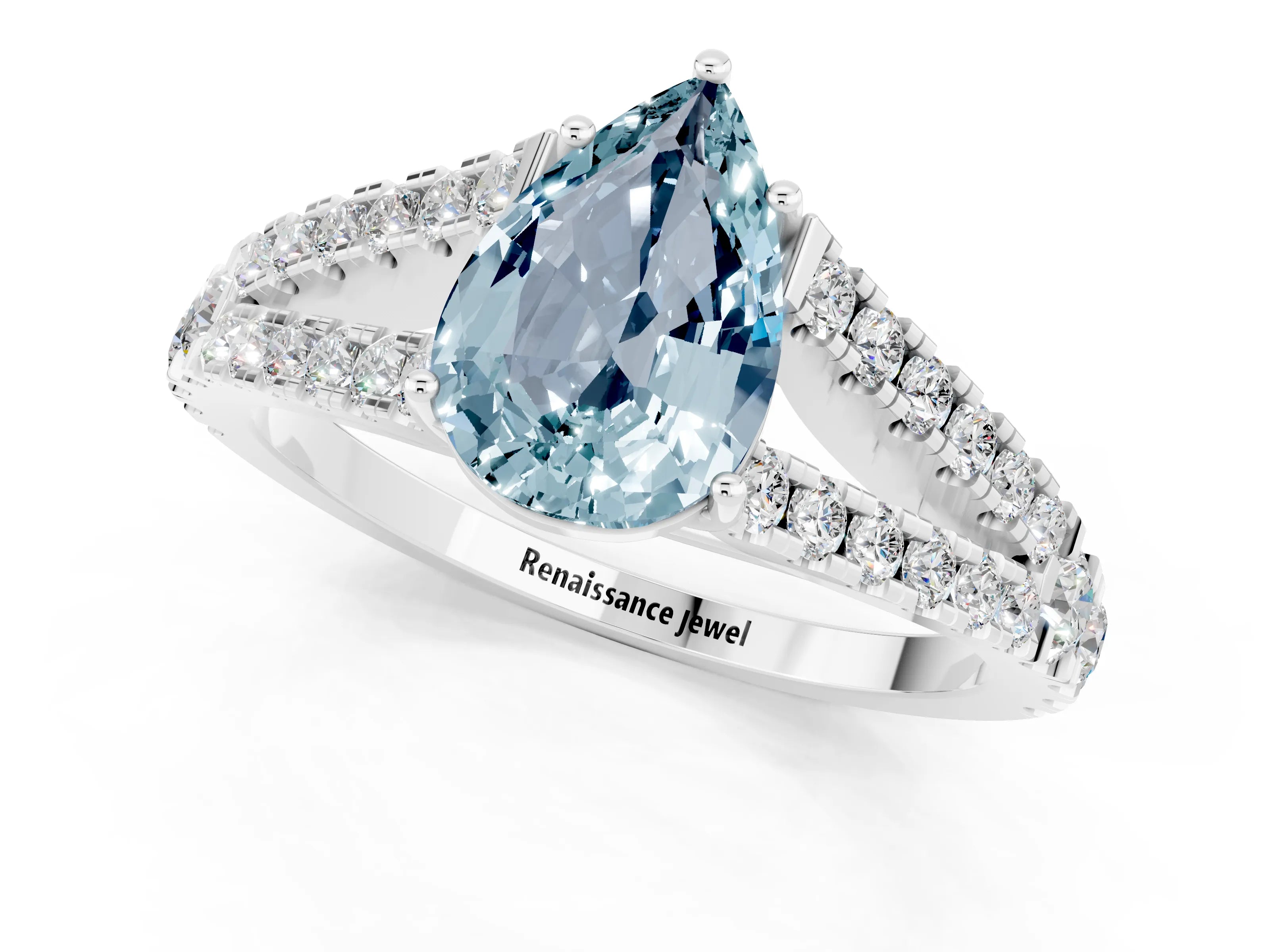 White gold Pear Cut Aquamarine Split Shank Pavé Engagement Ring with Four-Prong Setting_13