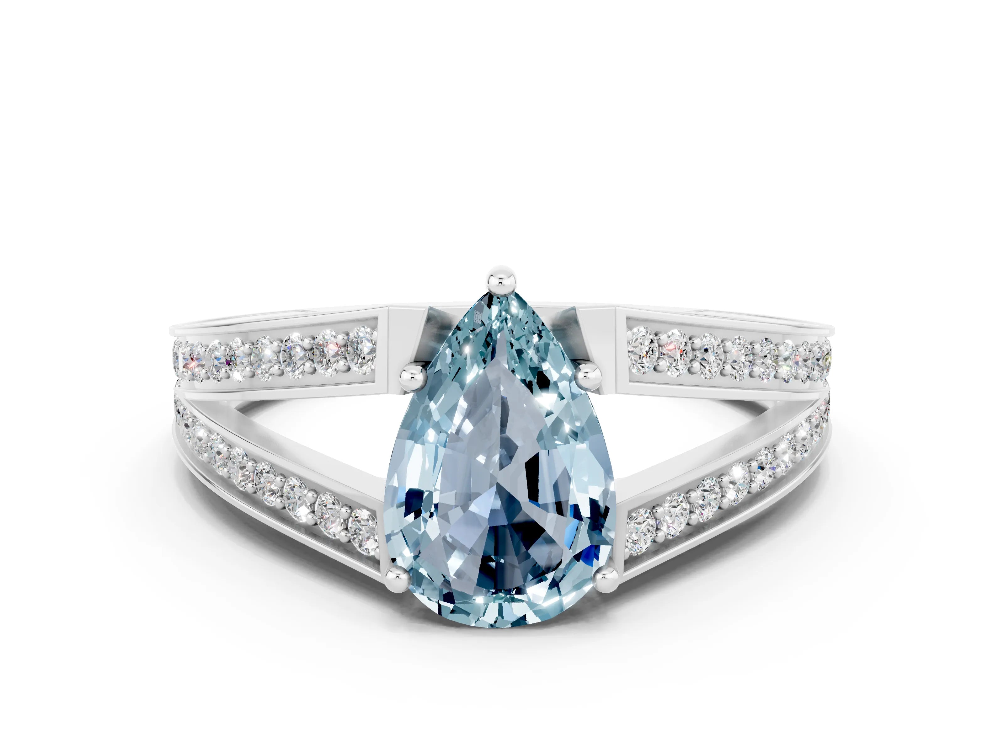 White gold Pear Cut Aquamarine Split Shank Ring with Pavé Band and Four-Prong Setting