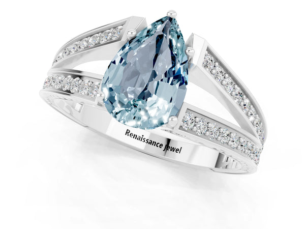 Silver Pear Cut Aquamarine Split Shank Ring with Pavé Band and Four-Prong Setting