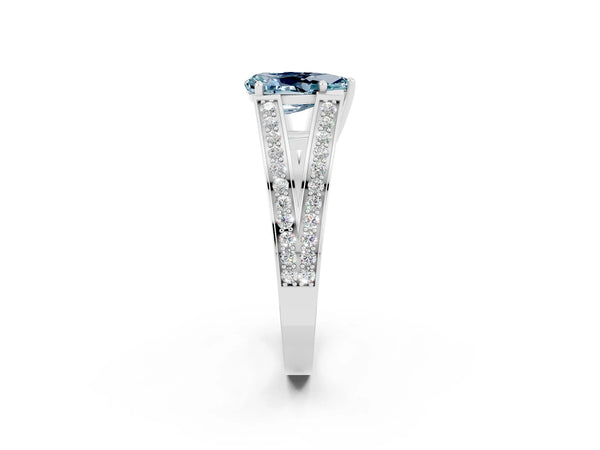 White gold Pear Cut Aquamarine Split Shank Ring with Pavé Band and Four-Prong Setting