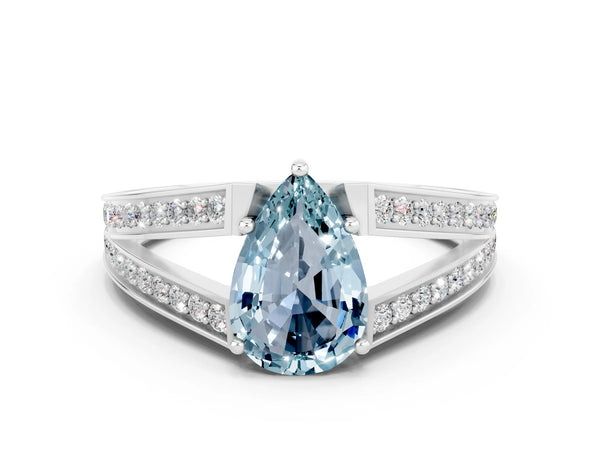 White gold Pear Cut Aquamarine Split Shank Ring with Pavé Band and Four-Prong Setting