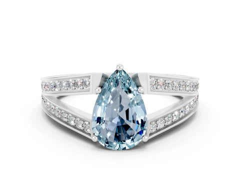 White gold Pear Cut Aquamarine Split Shank Ring with Pavé Band and Four-Prong Setting
