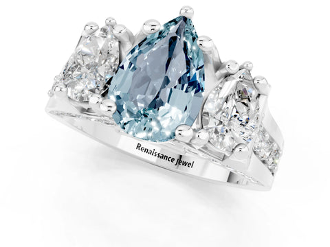 White gold Pear Cut Aquamarine Three-Stone Ring with Channel Set Band and Four-Prong Setting_1