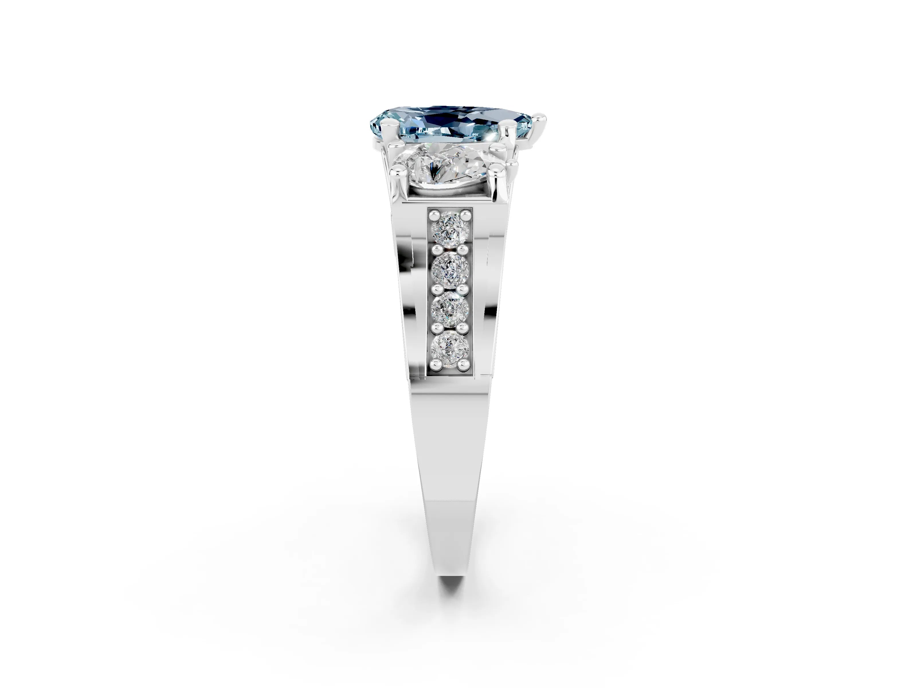 White gold Pear Cut Aquamarine Three-Stone Ring with Channel Set Band and Four-Prong Setting_2