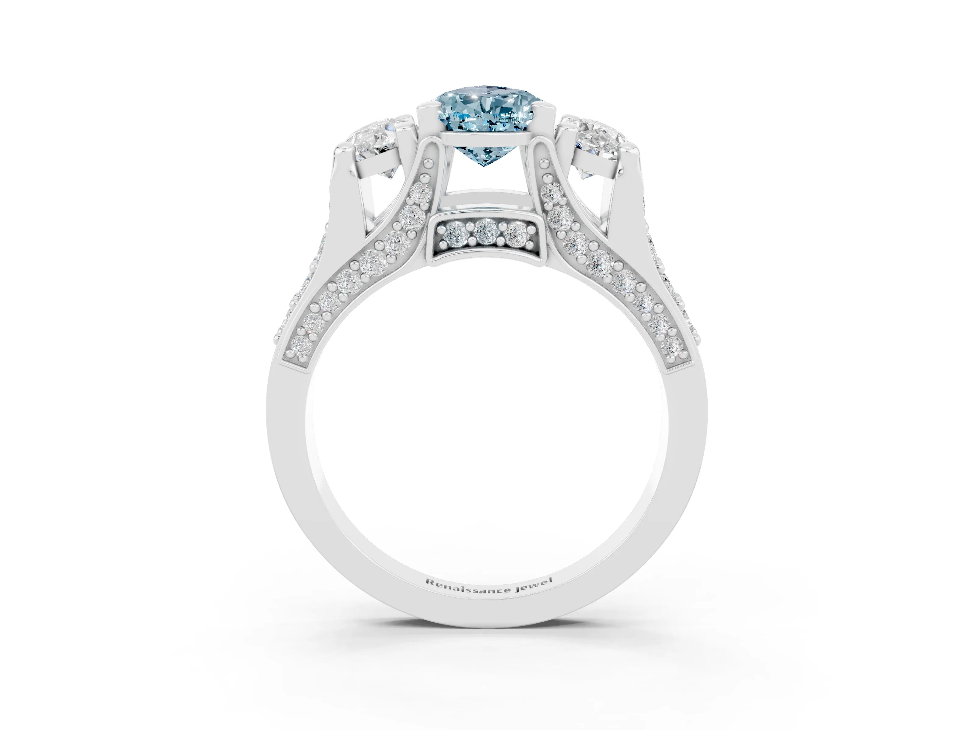 White gold Pear Cut Aquamarine Three-Stone Ring with Channel Set Band and Four-Prong Setting_3