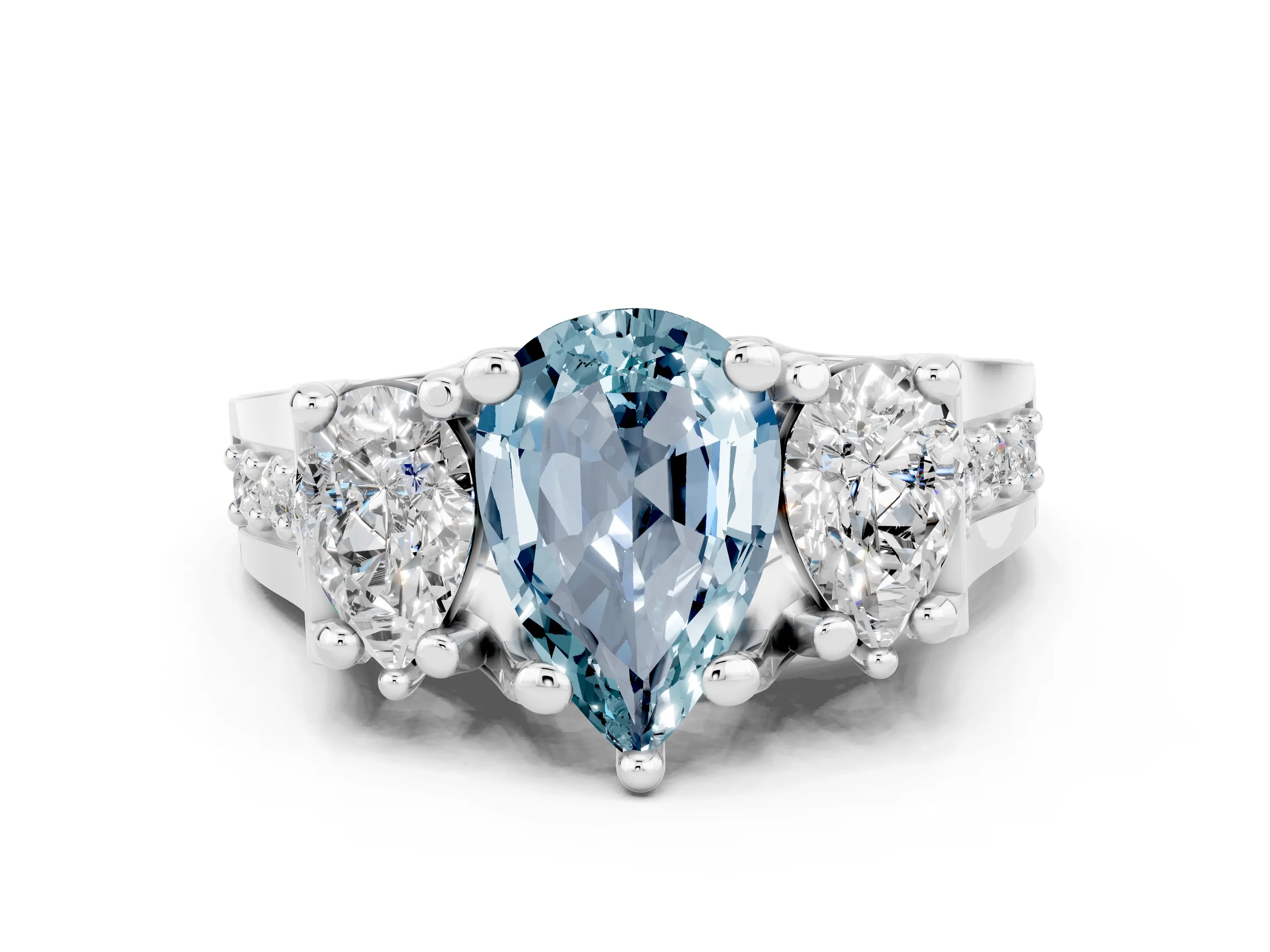 White gold Pear Cut Aquamarine Three-Stone Ring with Channel Set Band and Four-Prong Setting