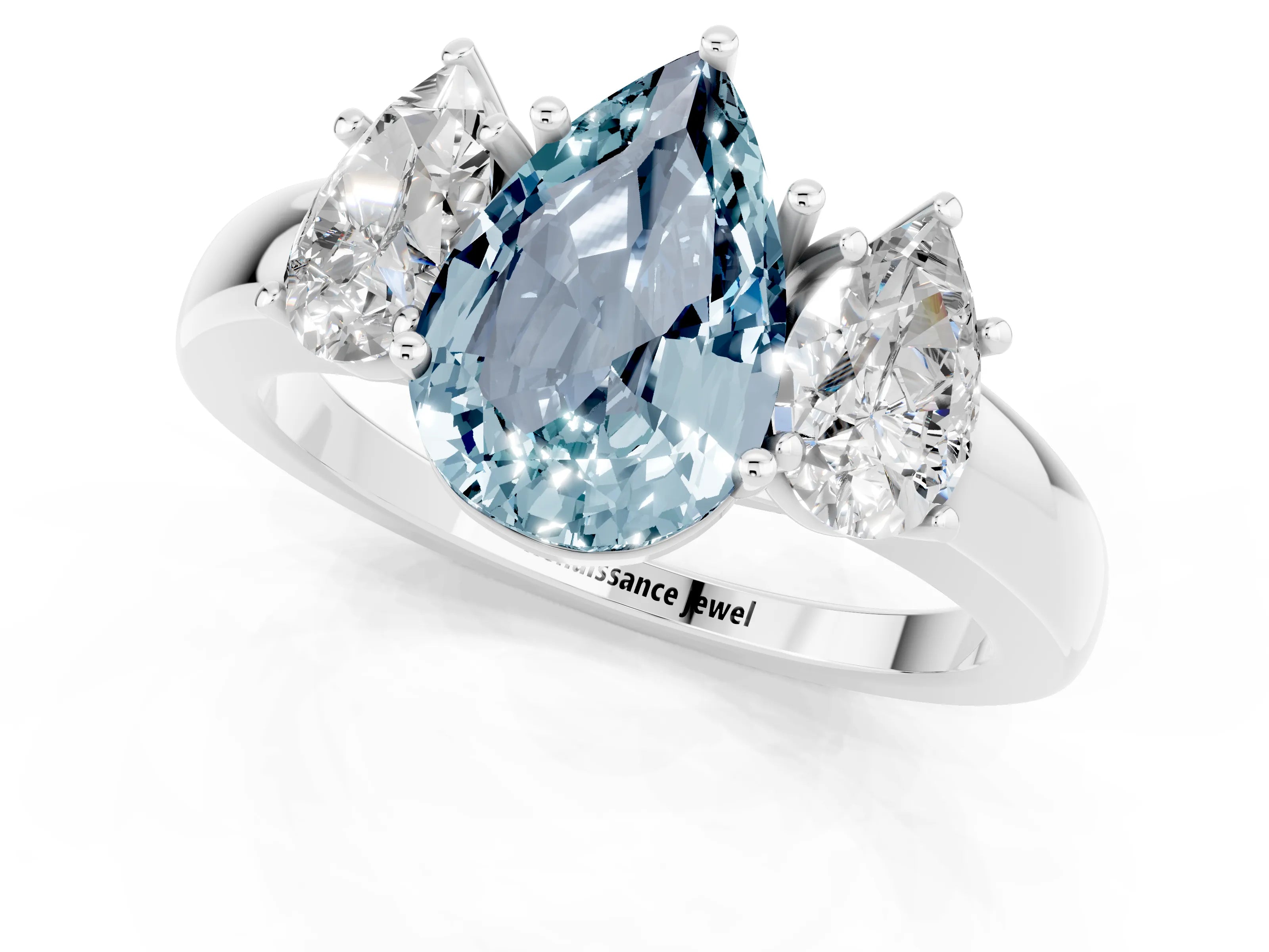 White gold Pear Cut Aquamarine Three-Stone Ring with Four-Prong Setting and Classic Band_1