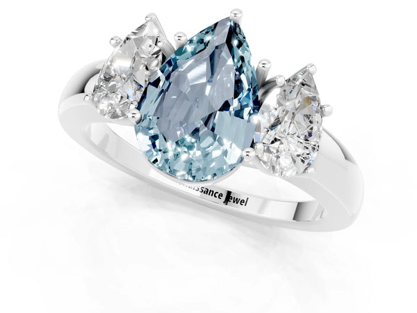 Silver Pear Cut Aquamarine Three-Stone Ring with Four-Prong Setting and Classic Band