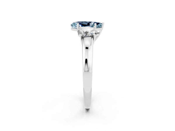 Silver Pear Cut Aquamarine Three-Stone Ring with Four-Prong Setting and Classic Band