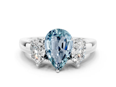 White gold Pear Cut Aquamarine Three-Stone Ring with Four-Prong Setting and Classic Band