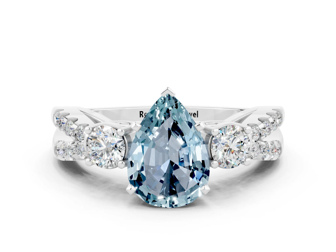 White gold Pear Cut Aquamarine Three-Stone Ring with Pavé Split Shank and Four-Prong Setting_12