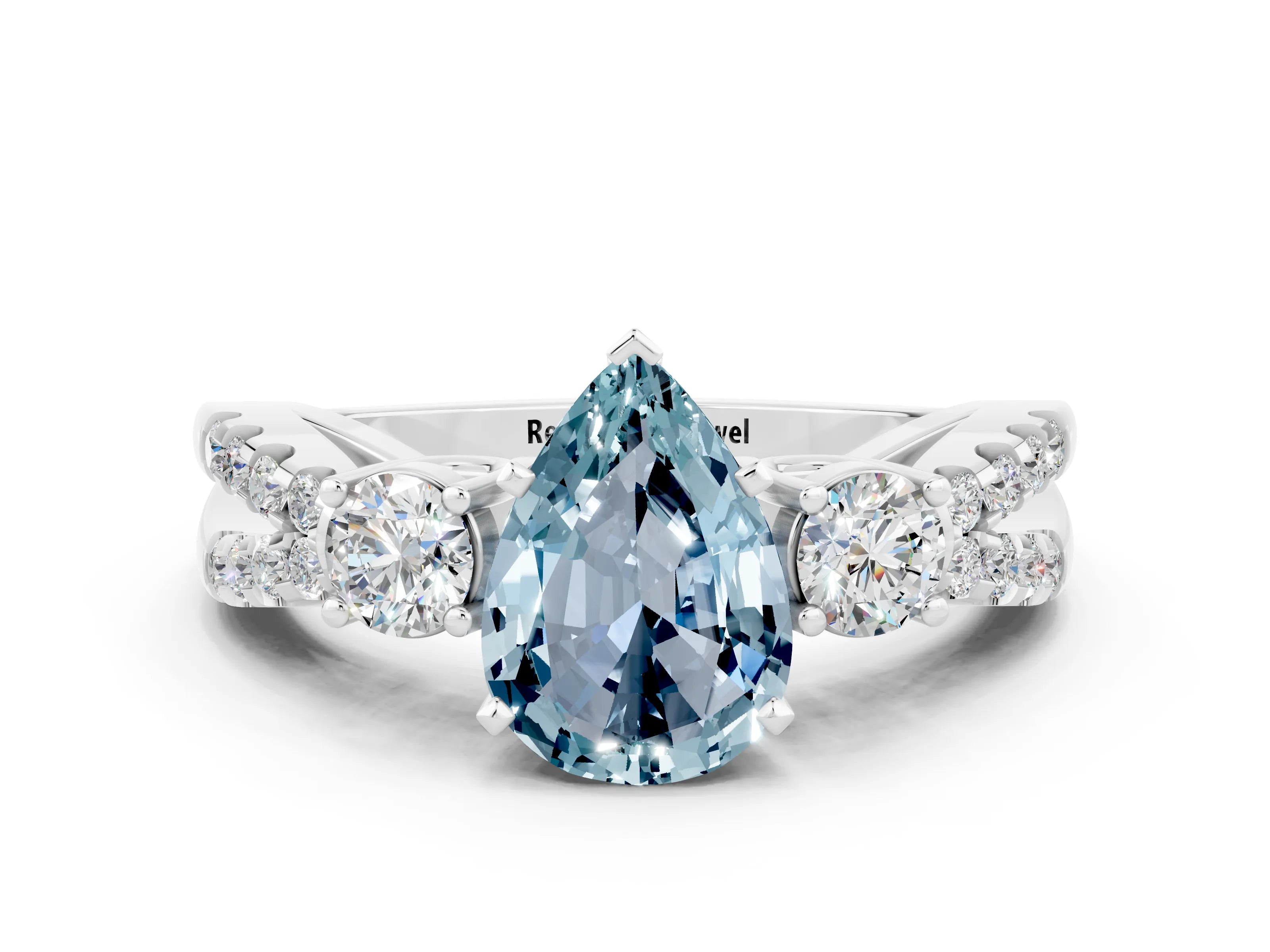 White gold Pear Cut Aquamarine Three-Stone Ring with Pavé Split Shank and Four-Prong Setting_12