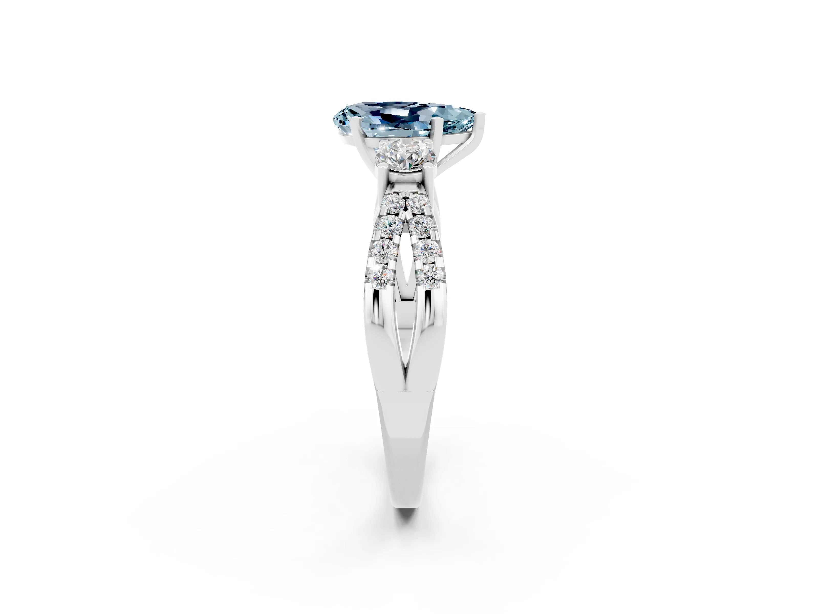White gold Pear Cut Aquamarine Three-Stone Ring with Pavé Split Shank and Four-Prong Setting_14