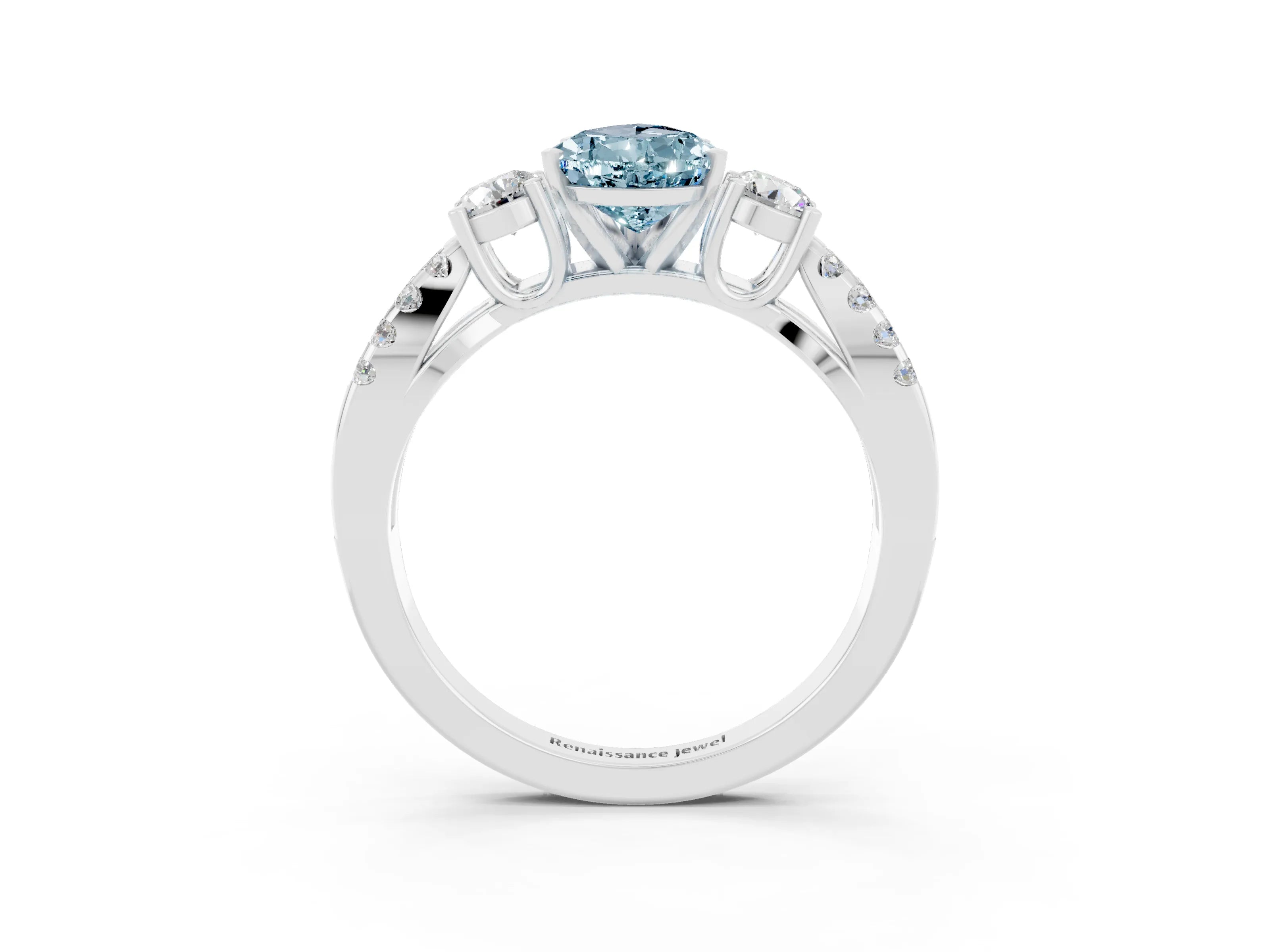 White gold Pear Cut Aquamarine Three-Stone Ring with Pavé Split Shank and Four-Prong Setting_15