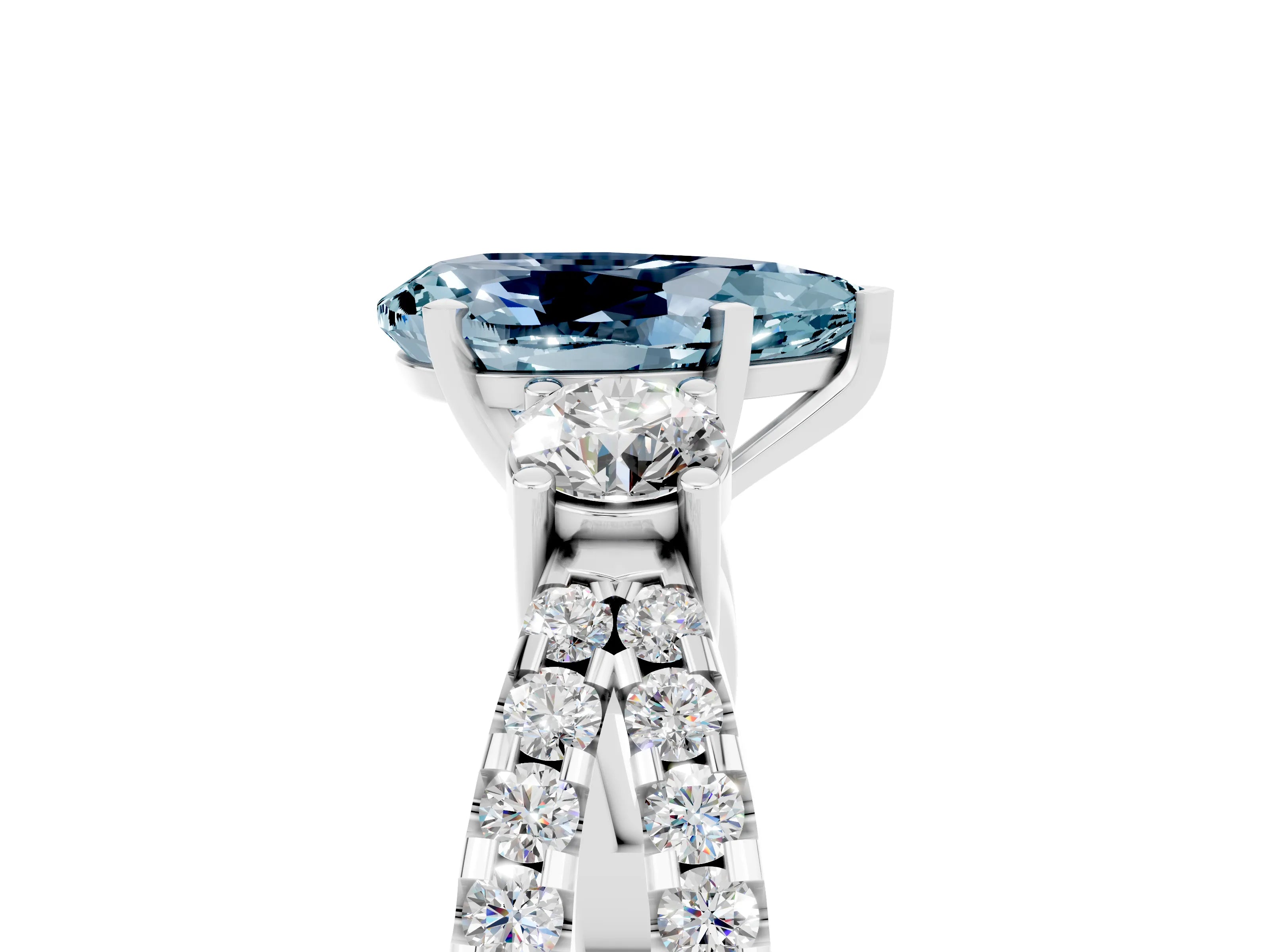 White gold Pear Cut Aquamarine Three-Stone Ring with Pavé Split Shank and Four-Prong Setting_17