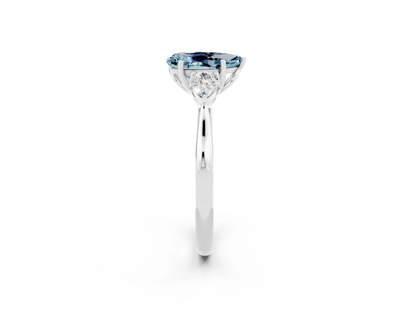 Silver Pear Cut Aquamarine Three-Stone Ring with Pear  Side Stones and Prong Setting
