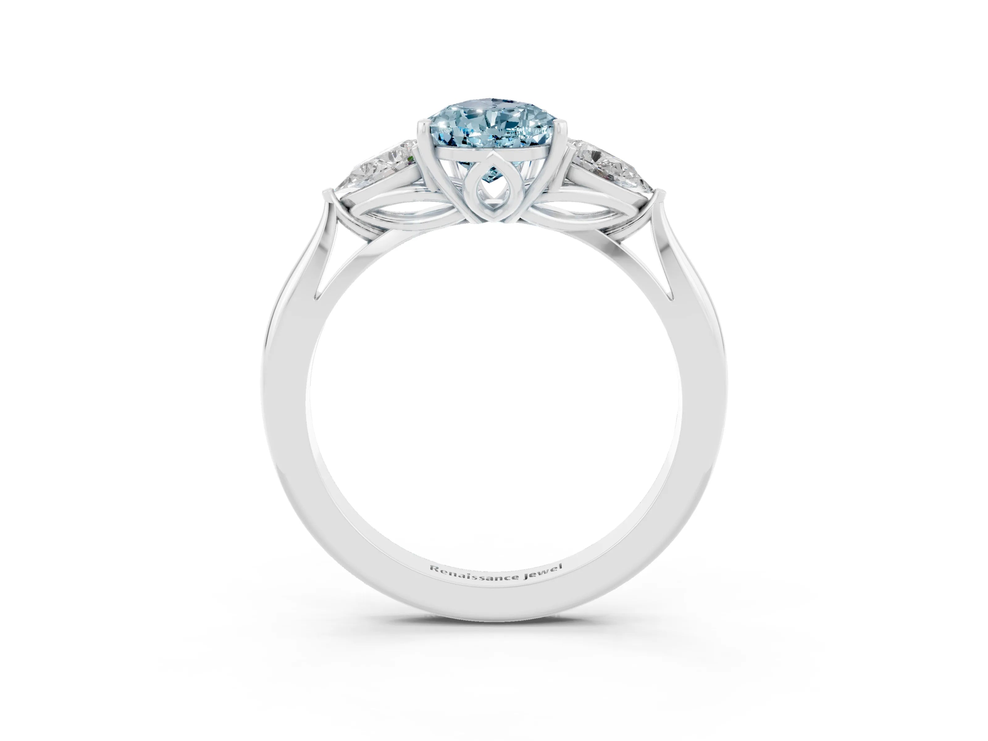 White gold Pear Cut Aquamarine Three-Stone Ring with Pear Side Stones and Four-Prong Setting_15