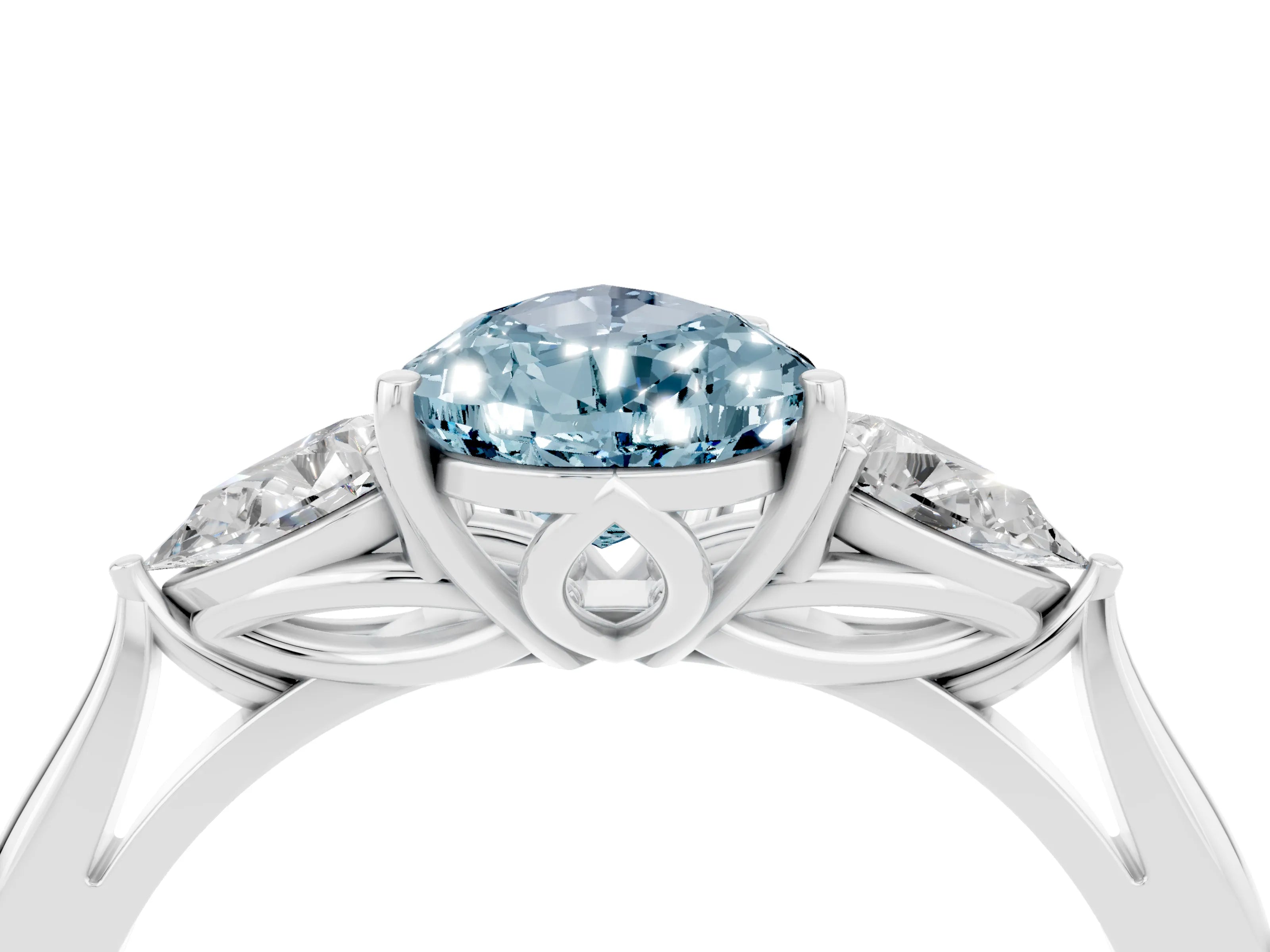 White gold Pear Cut Aquamarine Three-Stone Ring with Pear Side Stones and Four-Prong Setting_16