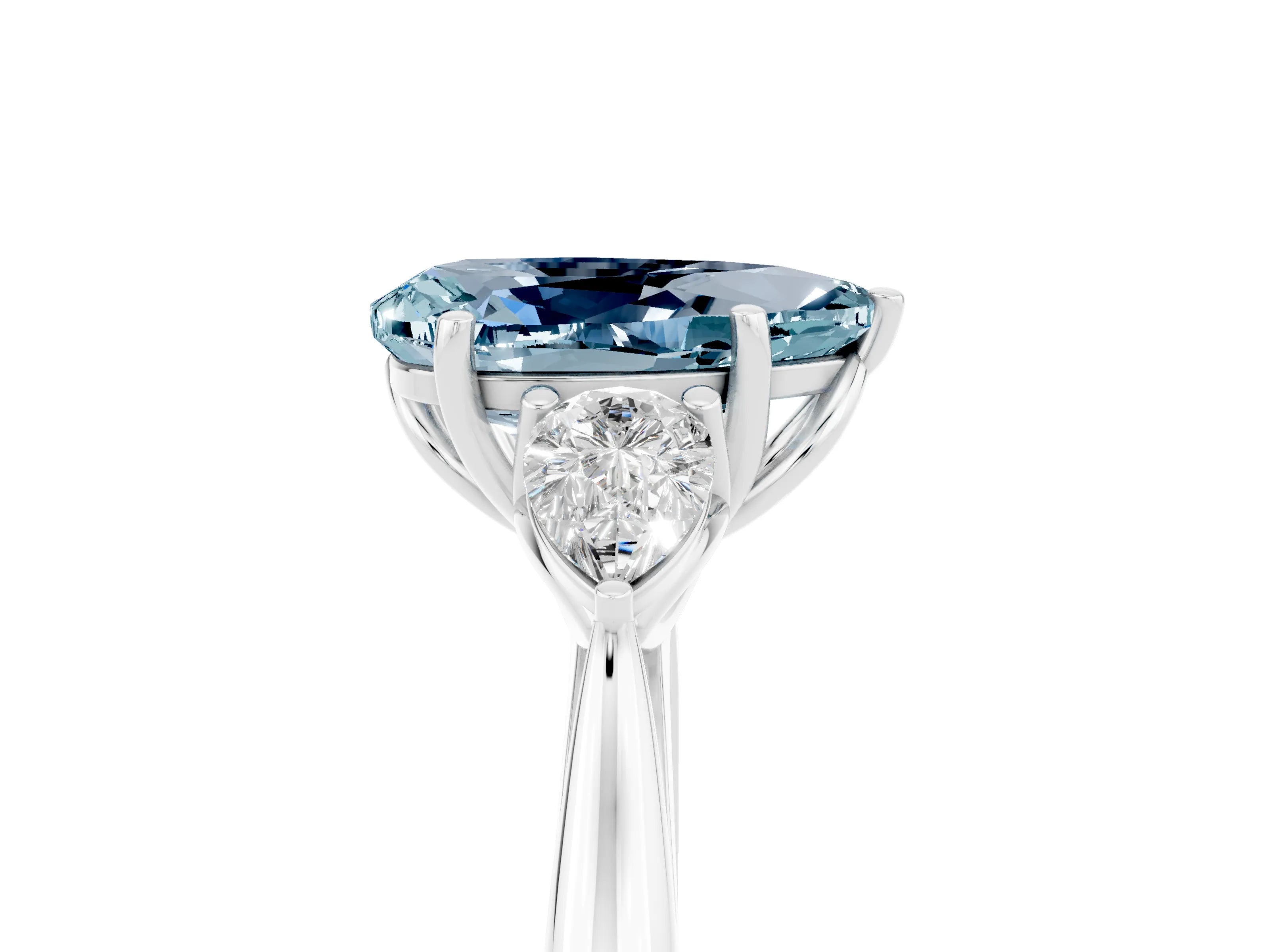 White gold Pear Cut Aquamarine Three-Stone Ring with Pear Side Stones and Four-Prong Setting_17
