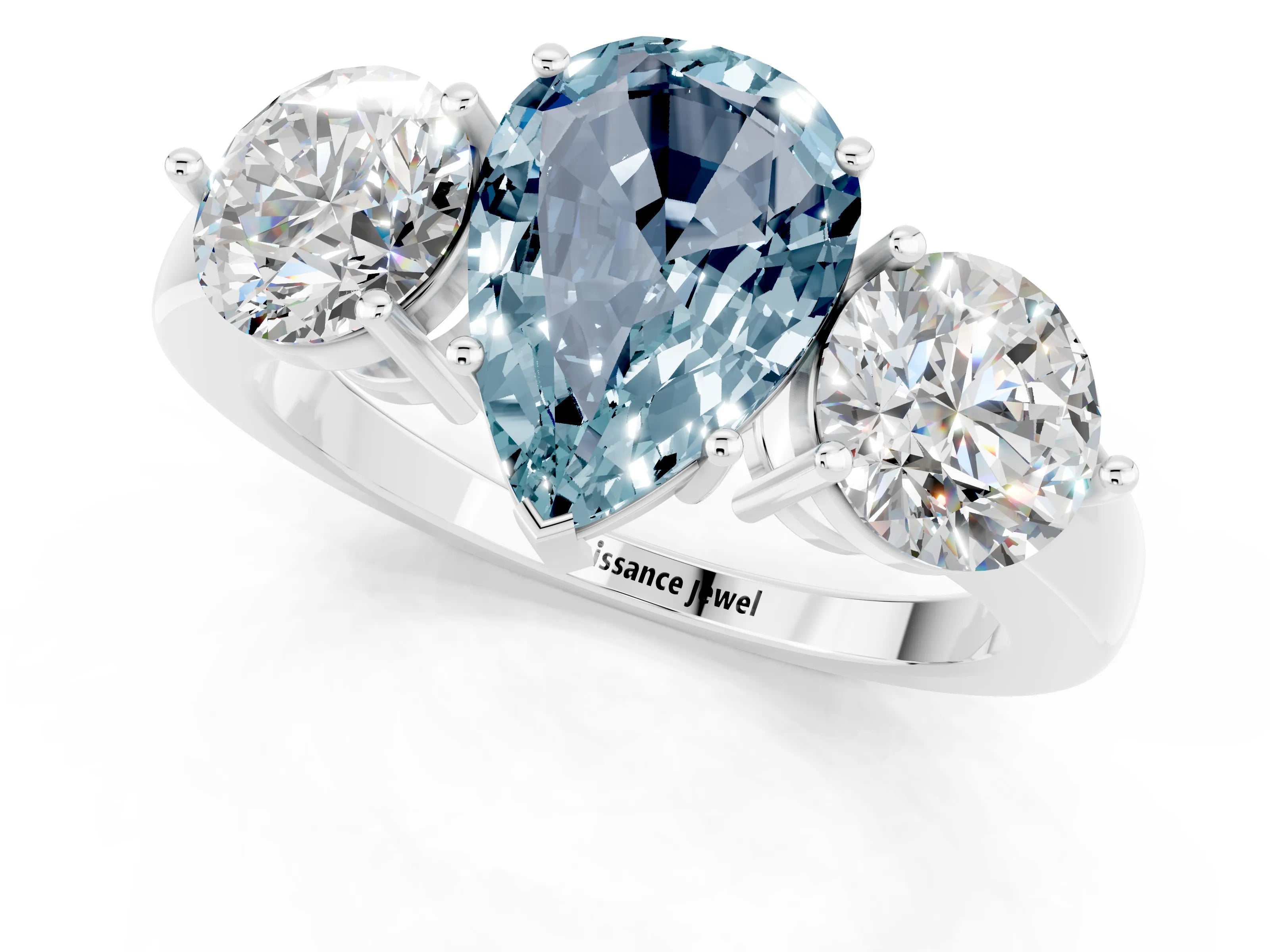 White gold Pear Cut Aquamarine Three-Stone Ring with Prong Setting and Classic Band_1