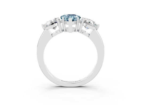 Silver Pear Cut Aquamarine Three-Stone Ring with Prong Setting and Classic Band