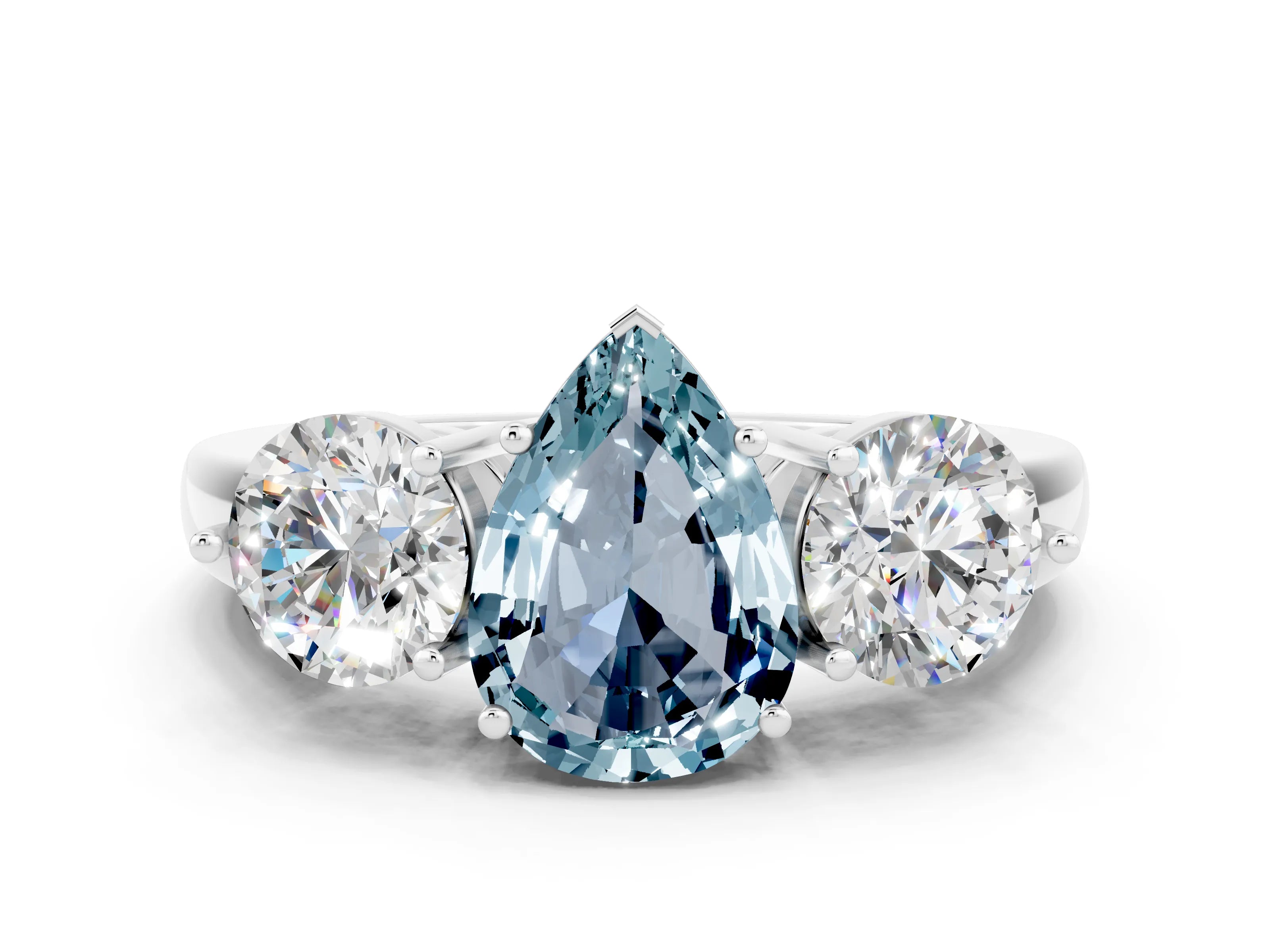 White gold Pear Cut Aquamarine Three-Stone Ring with Prong Setting and Classic Band