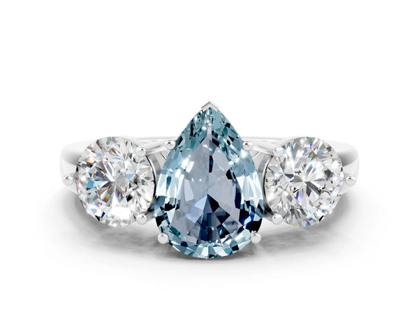 White gold Pear Cut Aquamarine Three-Stone Ring with Prong Setting and Classic Band