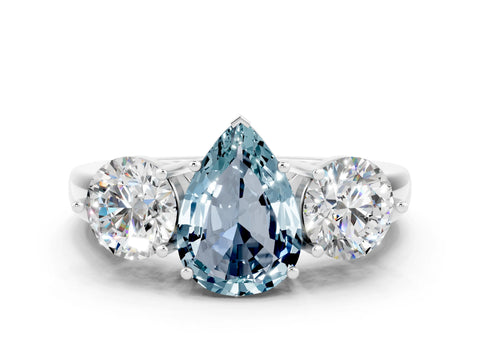 White gold Pear Cut Aquamarine Three-Stone Ring with Prong Setting and Classic Band