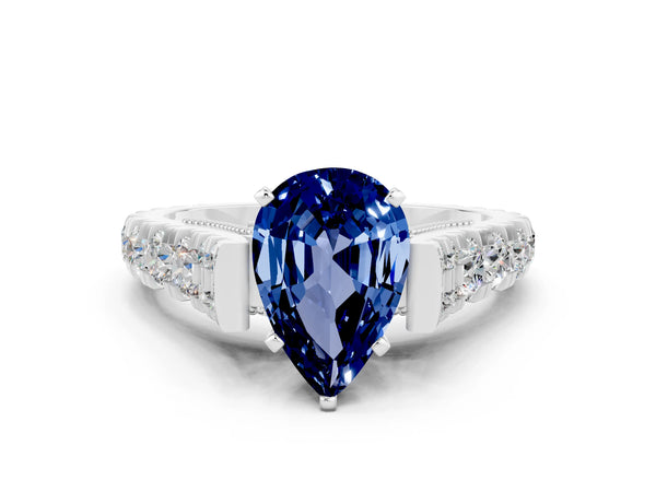 Platinum Pear Cut Blue Sapphire Classic Solitaire Ring with Pavé Band and Four-Prong Setting