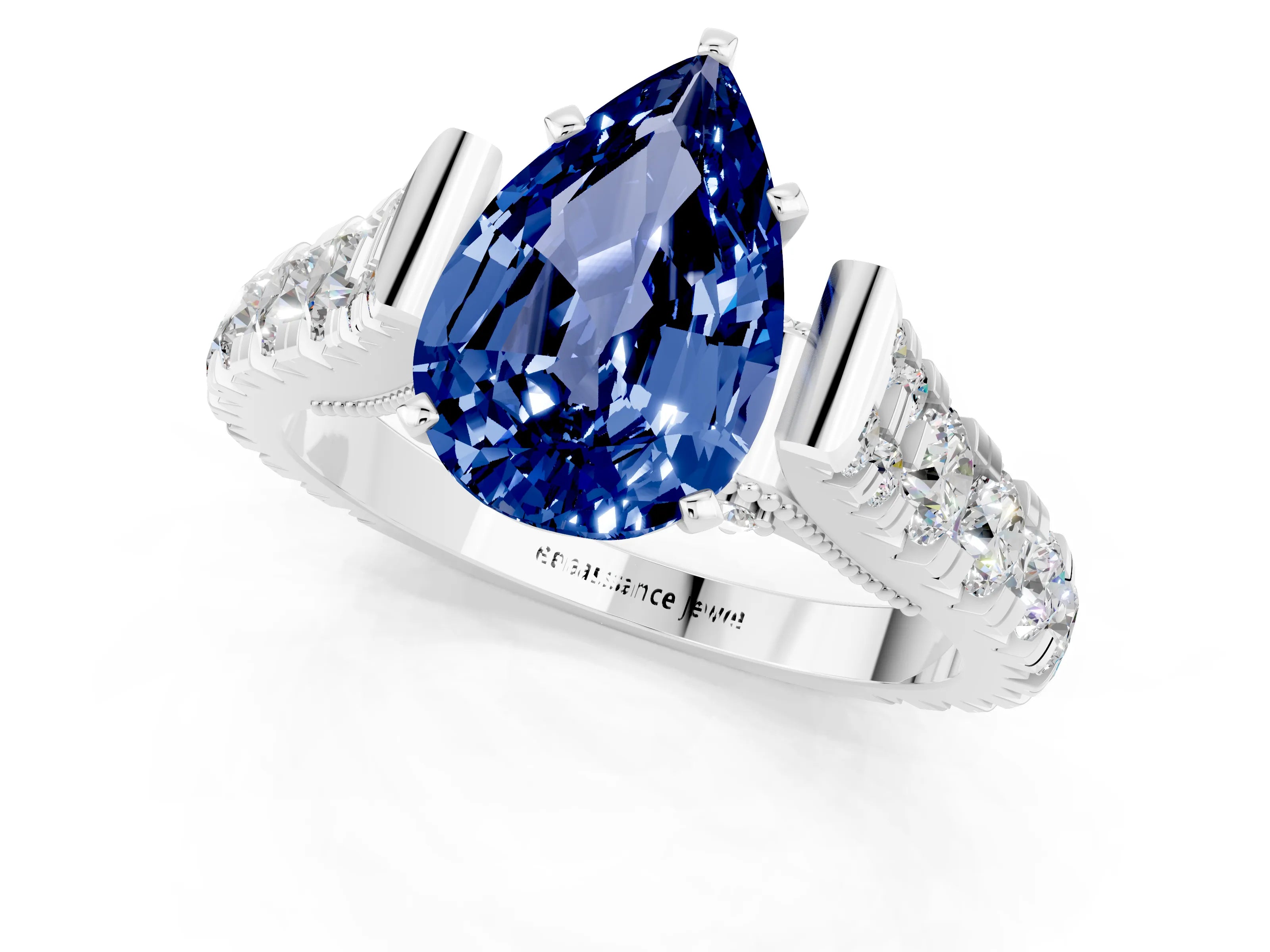 White gold Pear Cut Blue Sapphire Classic Solitaire Ring with Pavé Band and Four-Prong Setting_1