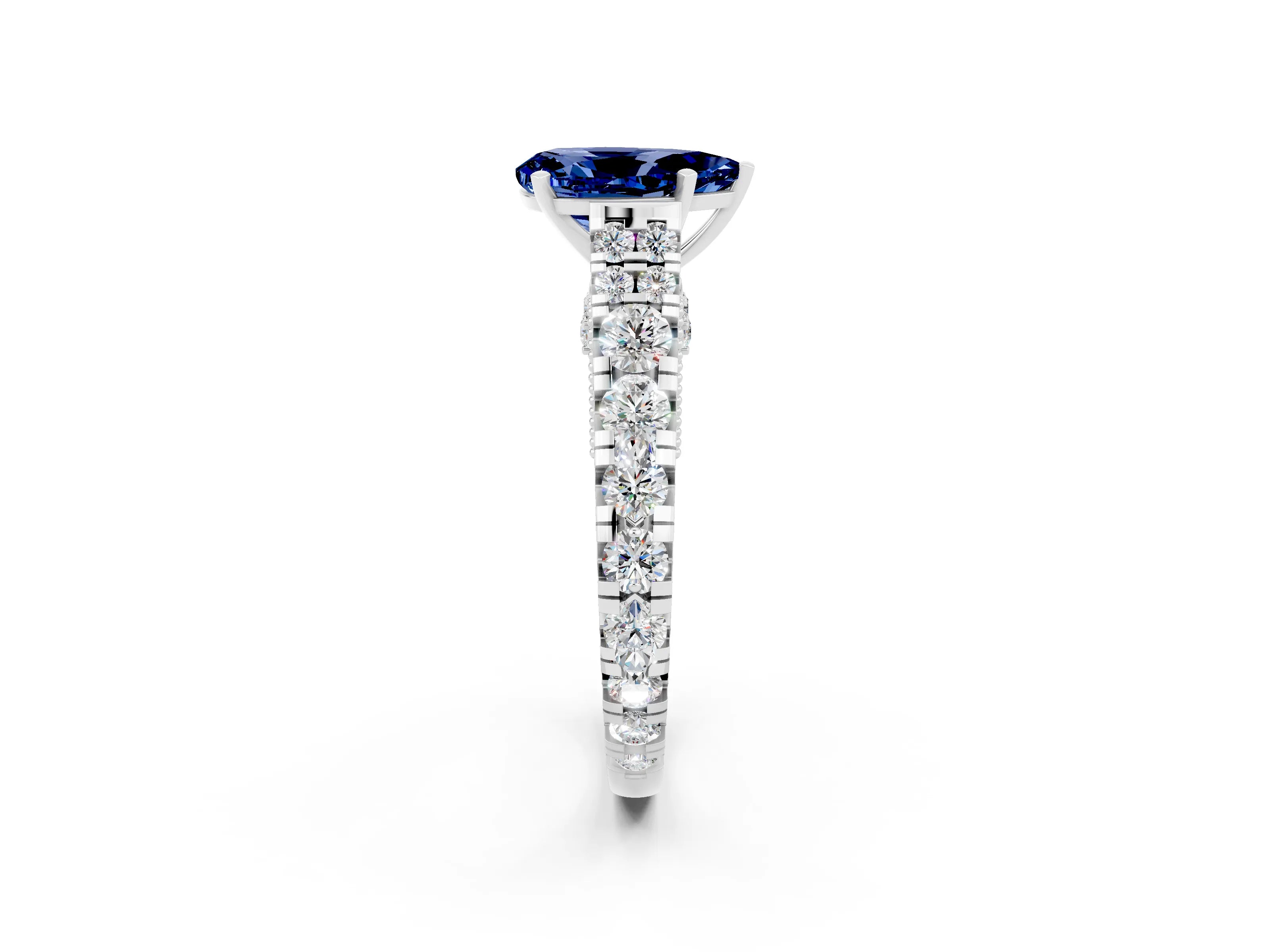 White gold Pear Cut Blue Sapphire Classic Solitaire Ring with Pavé Band and Four-Prong Setting_2