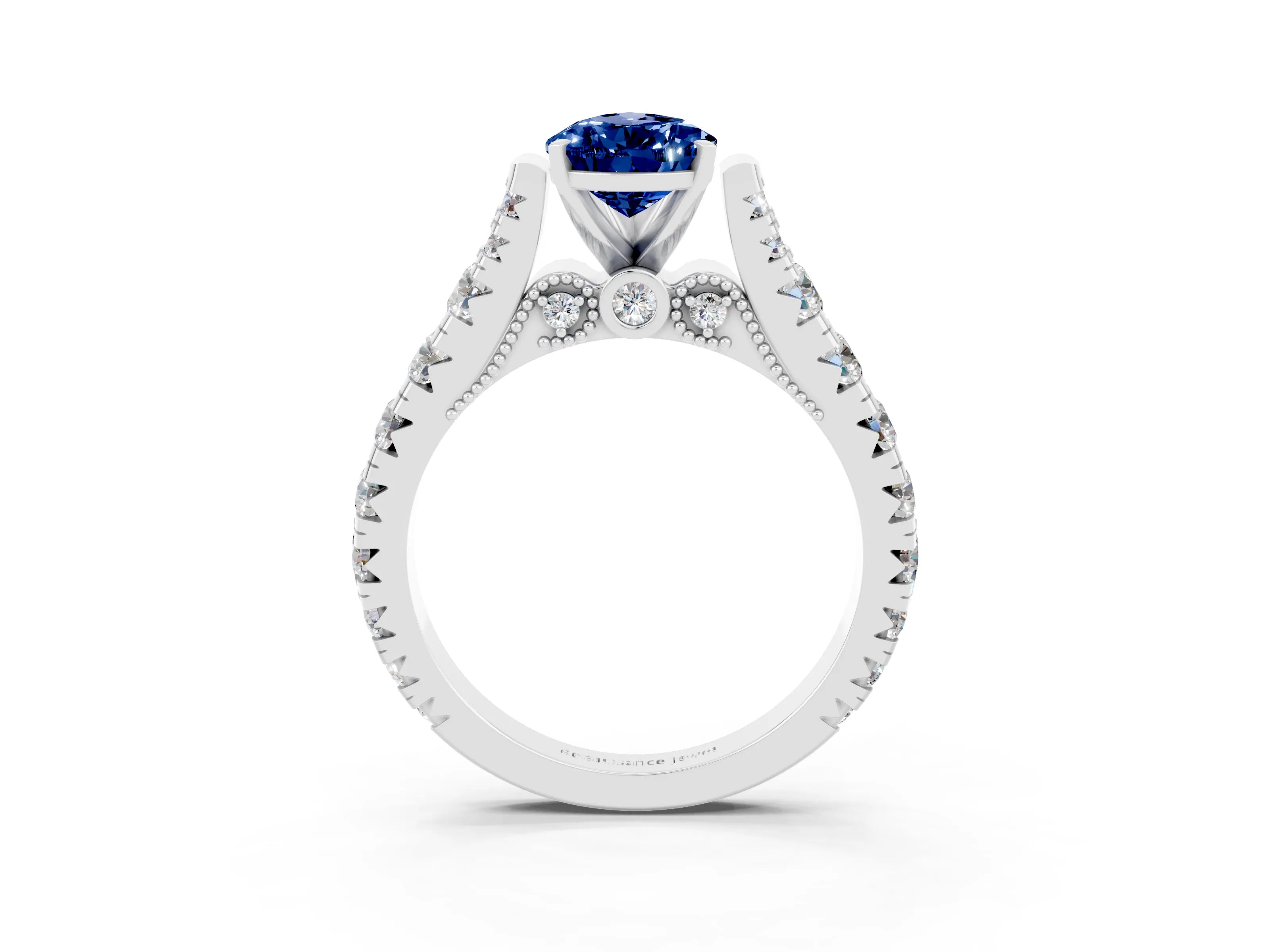 White gold Pear Cut Blue Sapphire Classic Solitaire Ring with Pavé Band and Four-Prong Setting_3