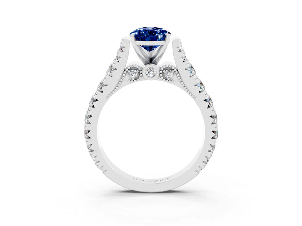 Silver Pear Cut Blue Sapphire Classic Solitaire Ring with Pavé Band and Four-Prong Setting