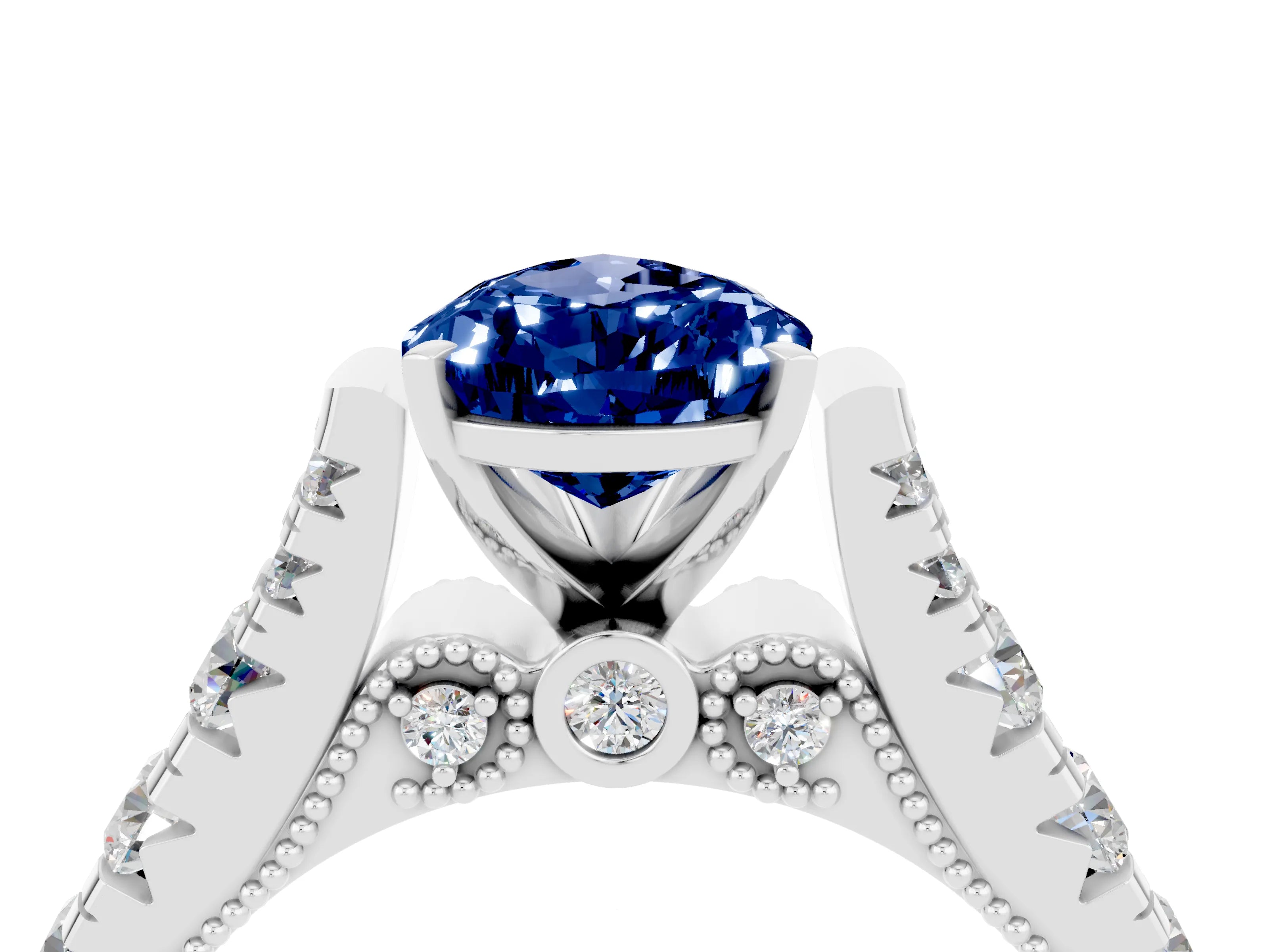 White gold Pear Cut Blue Sapphire Classic Solitaire Ring with Pavé Band and Four-Prong Setting_4