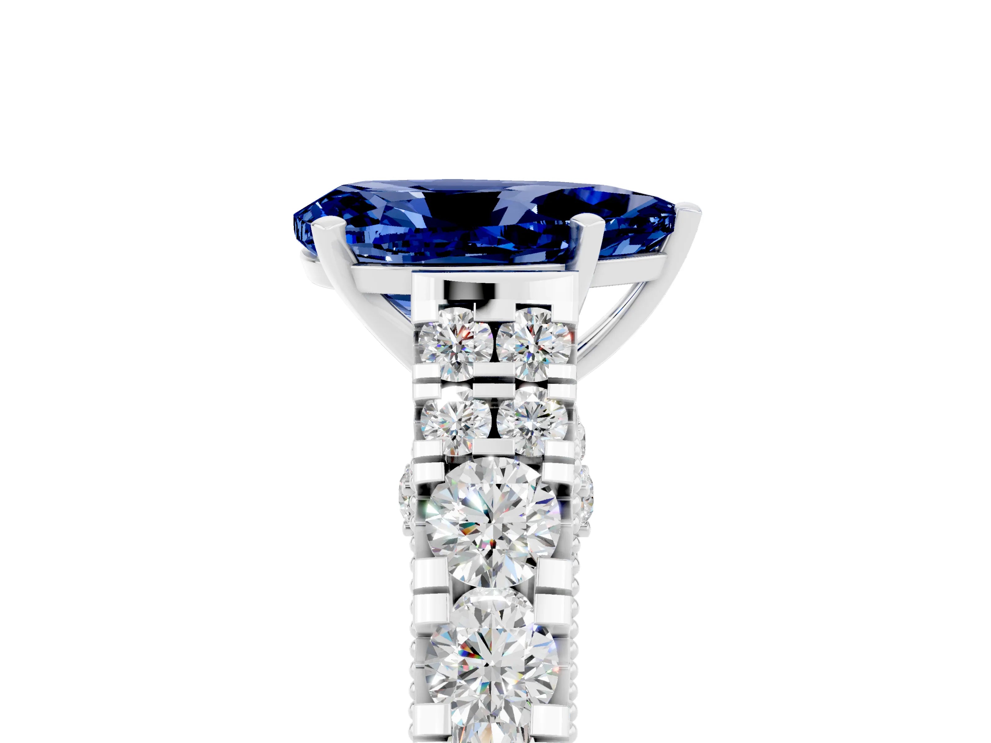 White gold Pear Cut Blue Sapphire Classic Solitaire Ring with Pavé Band and Four-Prong Setting_5