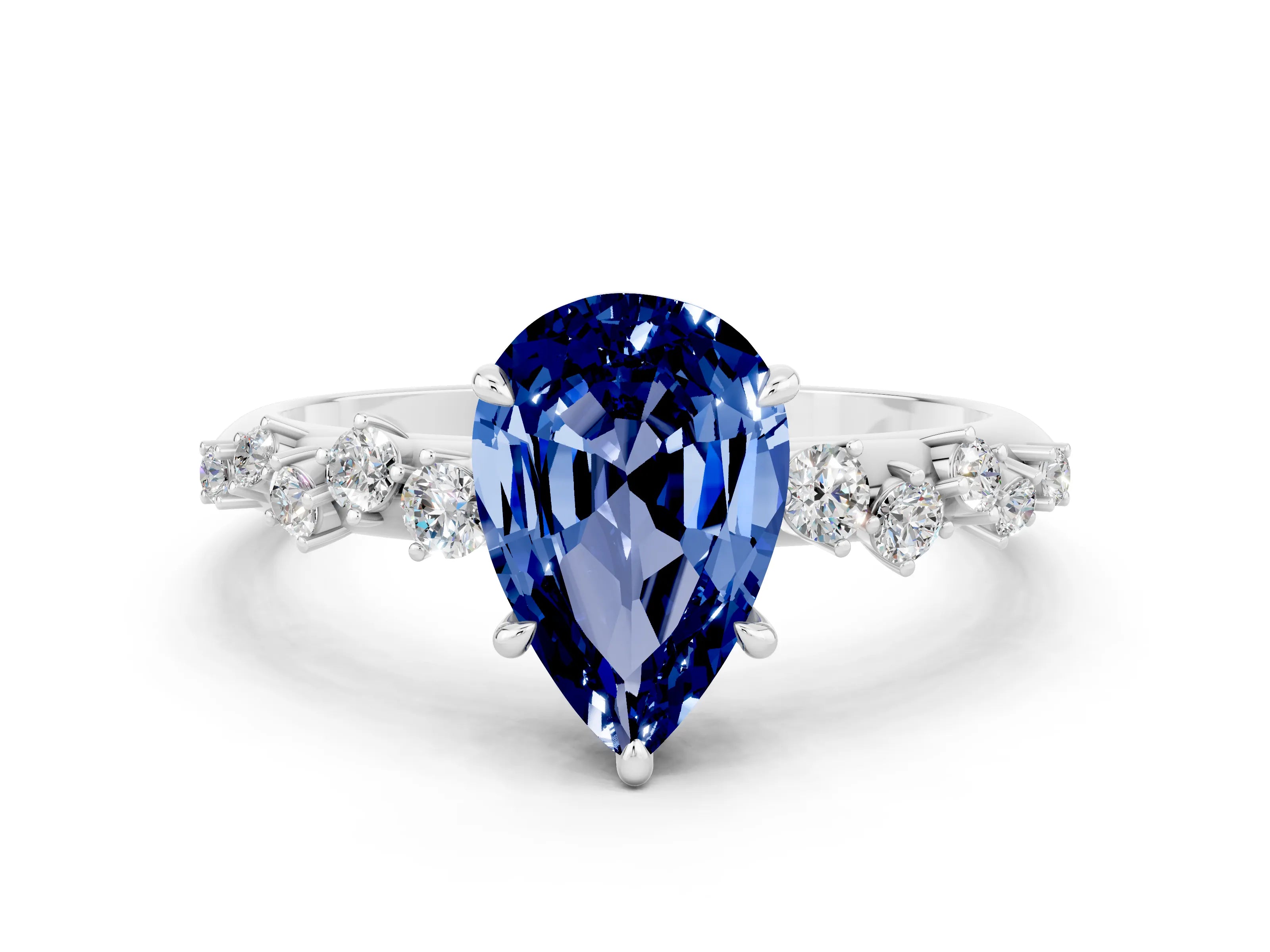 White gold Pear Cut Blue Sapphire Cluster Side Stone Solitaire Ring with Prong Setting_24