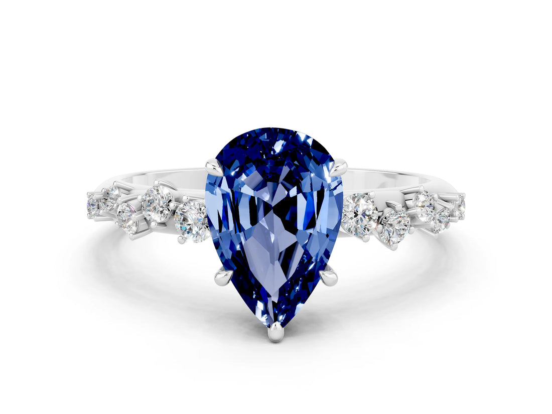 White gold Pear Cut Blue Sapphire Cluster Side Stone Solitaire Ring with Prong Setting_24